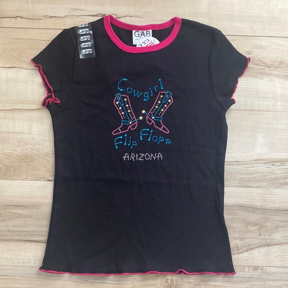 NWT GAB Apparel Girls L Cowgirl Boots Black Tee With Pink Trim. Arizona